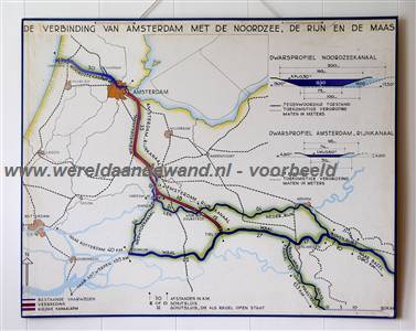 wandkaart schoolkaart schoolplaat van de Verbinding van Amsterdam met de Noordzee, de Rijn en de Maas